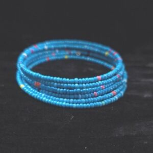 New Bohemian Blue Seed Bead Wrap Bracelet Stretchy‎ OSFM Stackable Boho Jewelry